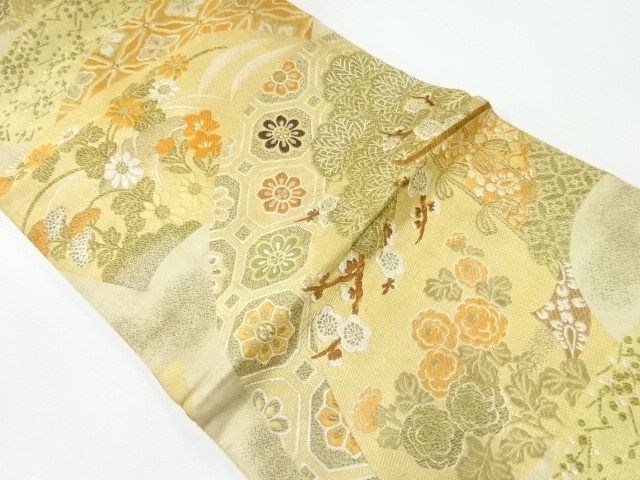 アンティーク　地紙に草花模様織出し丸帯（材料）